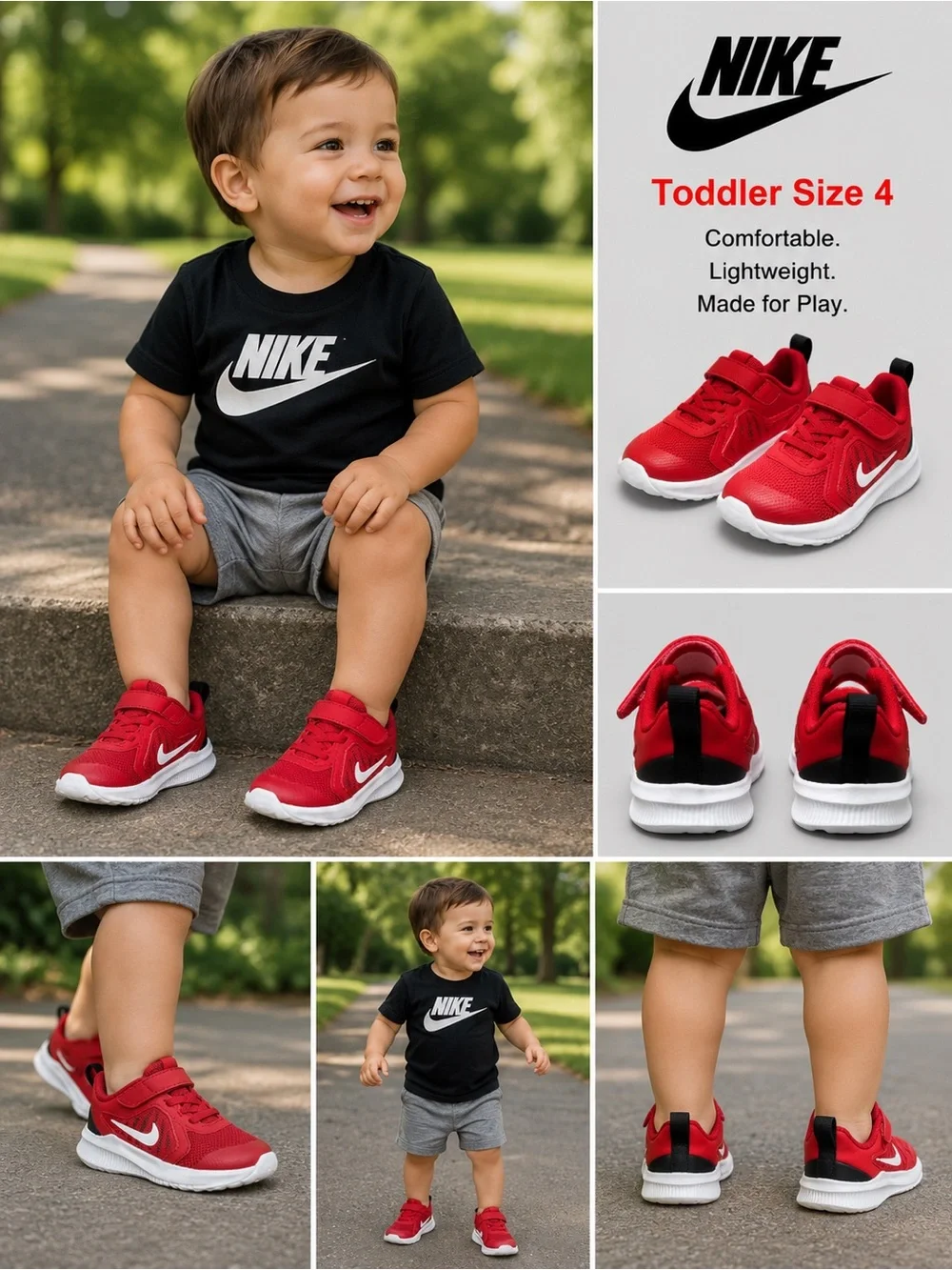 Nike Toddler Shoes Red/White Hook & Loop Sneakers Size 4 | Lightweight Shoes
